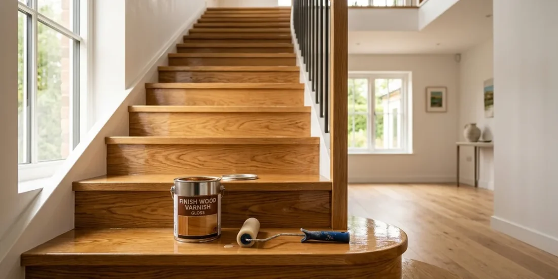 Escalier en bois verni avec une finition peinture polyuréthane brillante