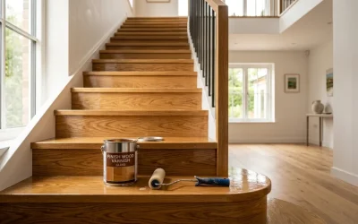 Escalier en bois verni avec une finition peinture polyuréthane brillante